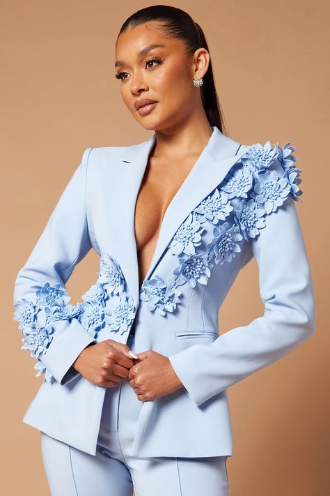 Blue And White Suit, Grad Outfits, Embroidered Blazer, Blazer Outfits For Women, Classy Outfits For Women, Party Jackets, Lace Blazer, Kids Dress Wear, Flare Pant