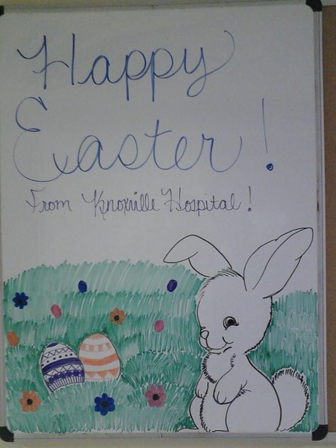 Easter - Drawings I've done on the whiteboard at the Knoxville Hospital in Knoxville, IA, to cheer up the patients and their families (as well as the staff) as we walk through the halls. - Addie Binns Easter Dry Erase Board Ideas, April Whiteboard Ideas, Easter Whiteboard Ideas, Tuesday Whiteboard, White Board Drawing, St Patrick’s Day Whiteboard, Tuesday White Board Prompt, Whiteboard Drawings, White Board Drawings