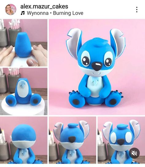 Fondant Stitch Cake Topper, Cake Stitch, Clay Stitch, Lilo And Stitch Cake, Angel Stitch, Stitch Cake, Diy Fondant Cake, Fondant Figures Tutorial, 3rd Birthday Cakes