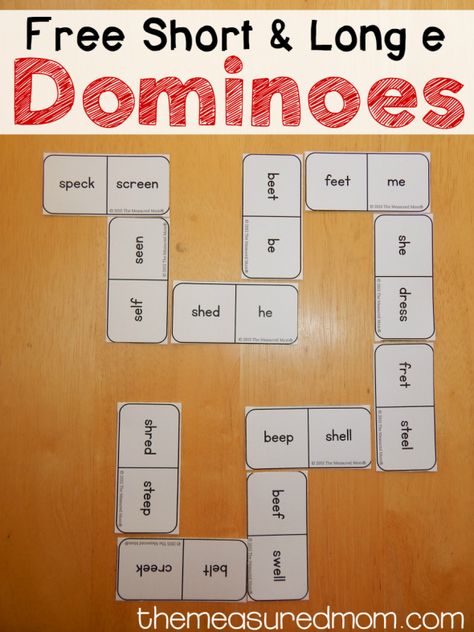 FREE short and long e dominoes. Fun magic E or bossy E activity for kids! Long E Activities, Long Vowel Games, Short Vowel Games, Word Pattern, The Measured Mom, Measured Mom, Vowel Activities, Long E, Spelling Games