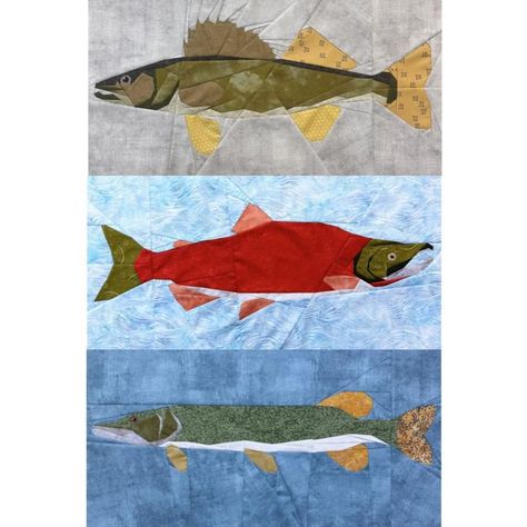 A modern paper piecing quilt block. Walleye, Sockeye Salmon, and Northern Pike FPP: Freshwater Fishing Series 3 Block Set Each Finished Size: 15" x 30" Block (altogether 45" tall  x 30" wide) Level of Difficulty: Moderate/Advanced (3-4) Instant downloadable pattern includes: *Finished Product Image *Mirrored Image for Piecing *Piecing Order Instructions *Pattern pieces--1 set of blank pieces you can write your own numbers on, and 1 set of pieces with color indicators *Color Chart Pattern pieces include 1/4" seam allowance.  All patterns have been personally tested. For additional patterns please check out my shop: LoverOfLifeDesigns.etsy.com Level difficulty reference: 1: Easy--beginner friendly, fewer sections, easy piecing 2: Easy/Moderate--skilled beginner, more sections, easy piecing 3 Fish Sewing Pattern, Fishing Quilt, Fish Quilt Pattern, Fish Theme, Northern Pike, Quilt Applique, Fish Quilt, Sockeye Salmon, Homemade Quilts