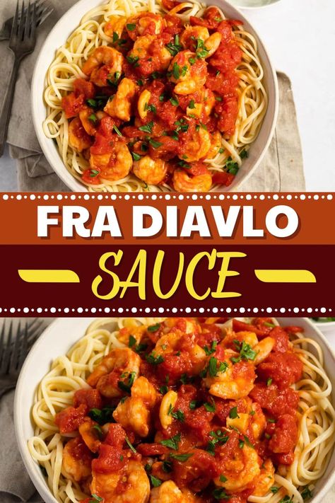 This classic Fra Diavlo sauce simply can't be topped! Made with garlic, tomatoes, red pepper flakes, and shrimp, this spicy dish is sure to please. Shrimp In Red Sauce, Fra Diavolo Sauce, Meaty Spaghetti Sauce, Diavolo Sauce, Fra Diavolo, Italian Sauce, Spicy Tomato Sauce, Baked Shrimp, Tomato Sauce Recipe