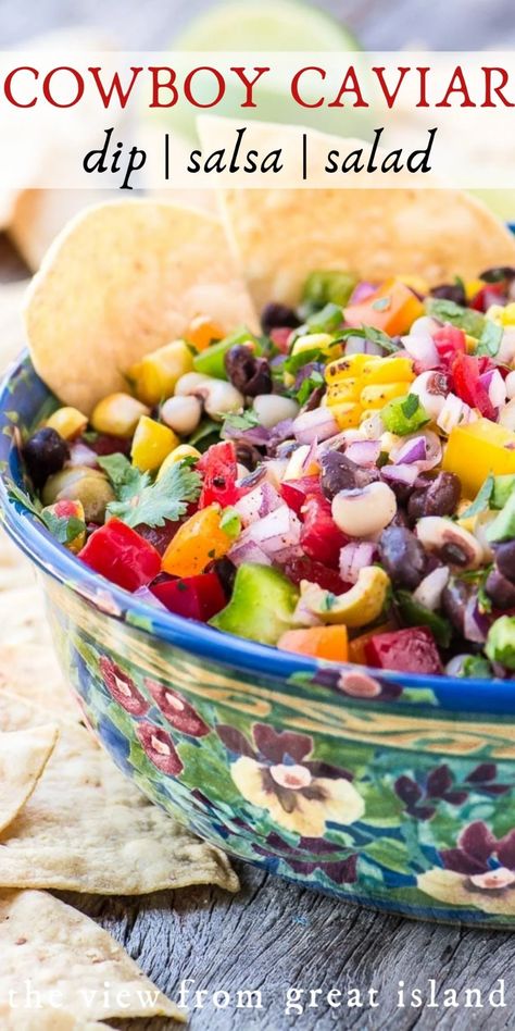 Cowboy Caviar ~ whether you call it Texas caviar, black bean salsa, black-eyed pea salad, or Southwestern bean dip, this all-American cross between a salsa and a salad is just plain GOOD! It's a multi-tasker that's always welcome at tailgates, barbecues and potlucks, and it has Cinco de Mayo, Memorial Day, and 4th of July written all over it.rn Blackeyed Pea Salad, Cowboy Salad, Texas Caviar Recipe, Blackeyed Peas, Salsa Salad, Texas Caviar, Bean Dip Recipes, Caviar Recipes, Black Bean Salsa