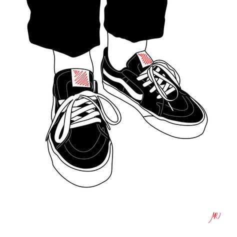 How To Draw Vans Shoes, Vans Shoes Drawing Reference, Vans Shoes Illustration, Vans Shoes Drawing, Vans Drawing, Converse Drawing, Van Drawing, Shoes Vector, Sneakers Illustration