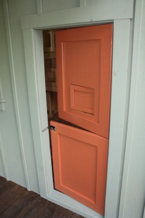 I want 2 doors, similar to this, but white.  One for my craft room, one for E's room.  Keep little in our out but still feeling 'open'.  LOVE! Playhouse Screen Door, Step2 Cottage Playhouse Makeover, Playhouse Made From Old Doors, Playhouse With Sandbox Underneath, Playhouse Door, Diy Kids Playhouse, Dutch Doors Diy, Kids Clubhouse, Barn Loft