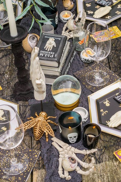 Mystical Fortunes Halloween Party Mystic Theme Party, Psychic Party Decorations, Fortune Teller Party Theme, Psychic Party Ideas, Occult Themed Party, Gatsby Halloween Party, Celestial Halloween Decor, Psychic Halloween Decor, Tarot Themed Party