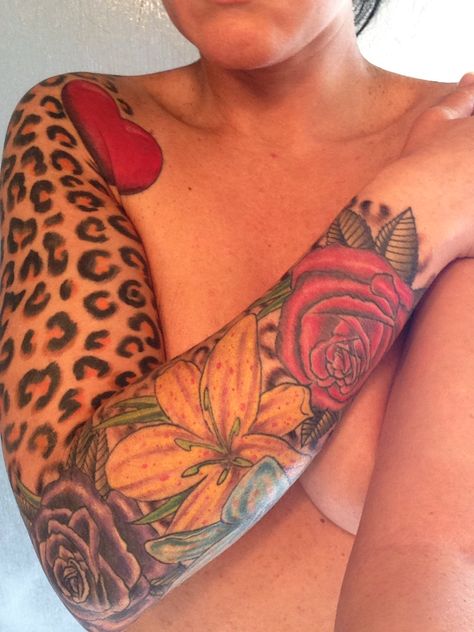 Leopard Print Half Sleeve Tattoo, Rose And Leopard Print Tattoo, Tabby Patterns, Leopard Print Tattoo Sleeve, Cheetah Tattoos, Pin Up Girl Tattoos, Animal Print Tattoo, Cheetah Print Tattoos, Leopard Print Tattoos