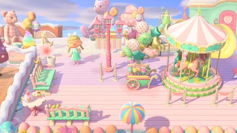 Acnh Pink Carnival, Pastel Kidcore Acnh, Acnh Pastel Island, Pink Animal Crossing Island, Acnh Pink Island, Acnh Plaza, Anch Ideas, Kawaii Island, Acnh Idea