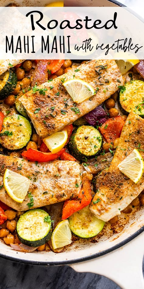 This easy Baked Mahi Mahi with Veggies is an all-in-one healthy dinner that’s very easy to make and it tastes SO GOOD! Mahi Mahi Recipes Healthy, Easy Healthy Sheet Pan Dinner, Mahi Mahi Recipes Baked, Healthy Fish Dinners, Mahi Recipes, Baked Mahi Mahi, Mahi Mahi Recipe, Mahi Mahi Recipes, Peruvian Style