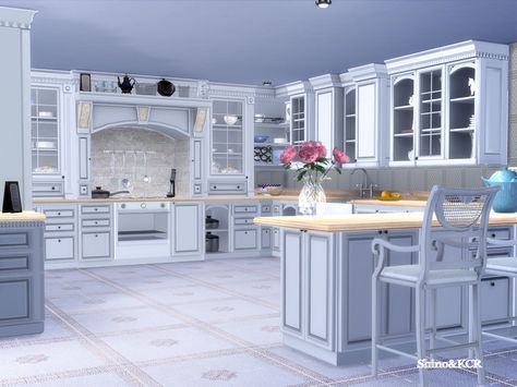 Elegant Kitchen Furniture inspired by Clive Christian - also in a rustical and grunge Version Found in TSR Category 'Sims 4 Kitchen Sets' Mansion Kitchen, Sims 4 Kitchen, Sims 4 House Plans, Sims 4 House Design, Casas The Sims 4, Sims Building, Sims House Plans, Kitchen White, Sims House Design