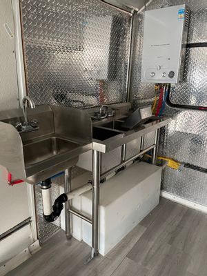 Food Truck Water System, Beverage Food Truck, Camper Converted To Food Truck, Rv Food Truck Conversion, Food Trailer Interior Design Ideas, Food Truck Storage Ideas, Food Truck Ideas Design Trailers, School Bus Food Truck, Boerewors Rolls