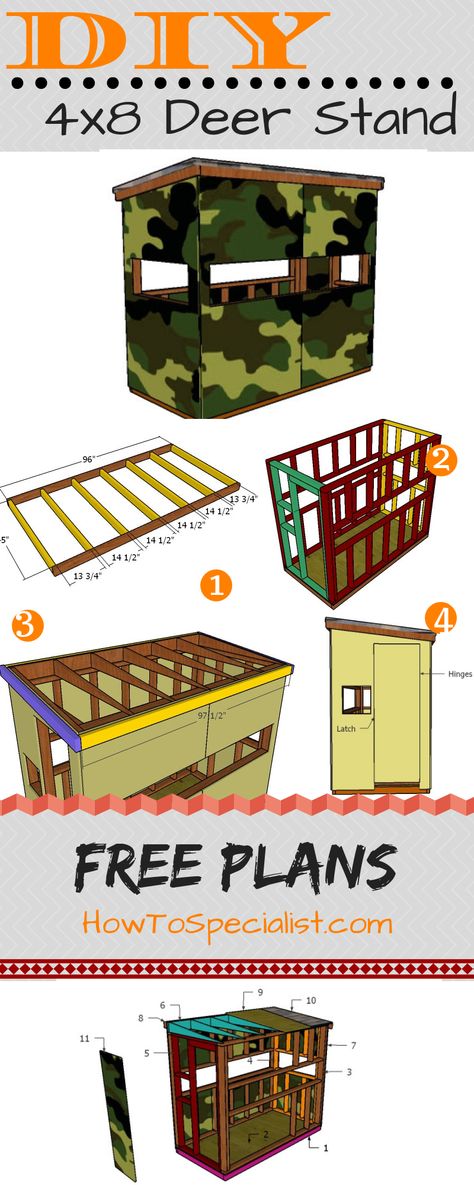 Easy to follow plans for you to learn how to build a deer stand 4x8. This deer blind is sturdy and features a lean to roof. The stand has windows on all 4 sides for a 360 view. The project comes with a complete cut list, a shopping list and it is PRINT Friendly. Free PDF Download #deerstand #hunting #deerblind Tripod Deer Stand, Deer Stand Windows, Deer Blind Plans, Deer Hunting Stands, Deer Stand Plans, Shooting House, Hunting Stands, Lean To Roof, Deer Blind