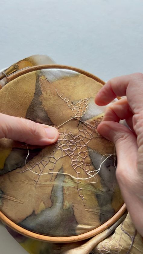 Layering rows of blanket stitches, like a web of mycelia (the ‘roots’ of fungi) covering this liquidambar leaf print on silk. I stitch… | Instagram Textiles Inspired By Nature, Leaf Textiles, Fabric Leaf, Creative Textiles Techniques, Textile Art Techniques, A Level Textiles, Abstract Embroidery, Design Textile, Textile Art Embroidery