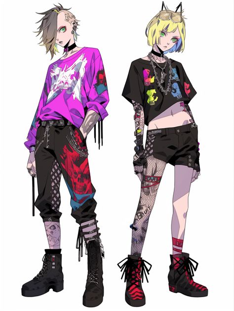 Neon Punk Outfits, Dnd House, Neon Style, Clothing Sketches, Alt Outfits, Neon Fashion, Gothic Anime, Cool Avatars, Character Poses