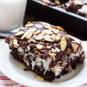 Almond Joy Cake Almond Joy Cake, Doctored Cake Mix Recipes, Spicy Southern Kitchen, Cake Mix Ingredients, Whiskey Cake, Southern Kitchen, Decadent Chocolate Cake, Almond Joy, Almond Flavor