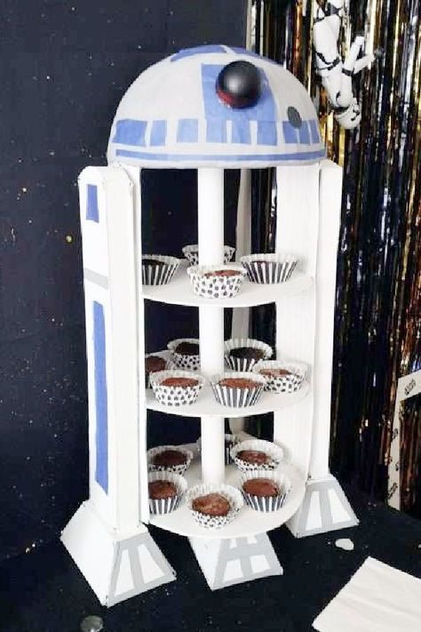 Take a look at this cool Star Wars birthday party! The R2D2 cupcake stand is out of this world! See more party ideas and share yours at CatchMyParty.com Star Wars Party Decorations Ideas, Star Wars Diy Decorations, Star Wars Party Decorations Diy, Starwars Party Ideas, Star Wars Pinata, Star Wars Party Ideas, Star Wars Theme Birthday, Star Wars Party Decorations, Star Wars Birthday Party Ideas