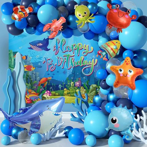 106Pcs Ocean Theme Birthday Decorations Blue Balloons Garland Arch Kit, Under The Sea Backdrop, Ocean Animals Foil Balloons for Pool Party and Beach Party Sea Backdrop, Ocean Theme Birthday, Baby Boy Shower Party, Ocean Theme Party, Fest Temaer, Bawah Air, Ocean Birthday, Small Balloons, Garland Arch