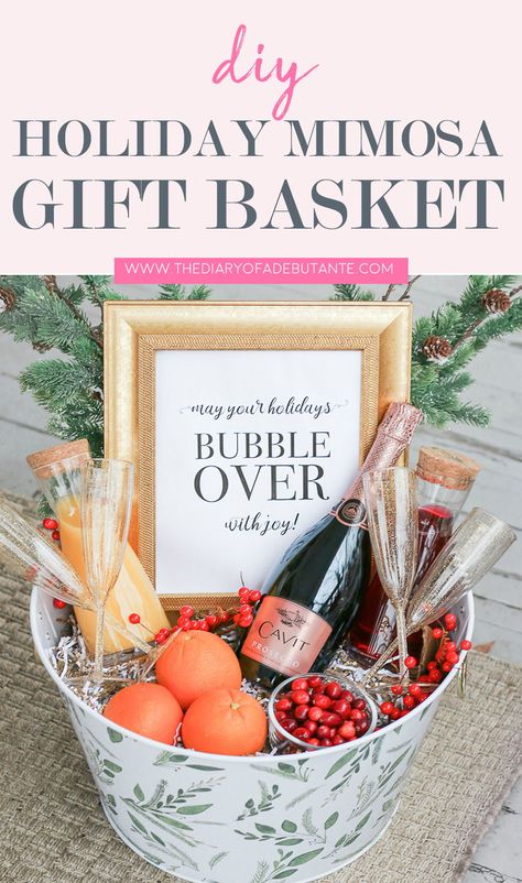 Looking for fun gift basket ideas for neighbors, teachers, or friends? Put together a DIY Christmas Morning Mimosa Gift Basket! All you need is champagne or prosecco, fresh juices (I love cranberry juice and orange juice), champange flutes, and some fresh fruit-- the rest (like a fun May Your Holidays Bubble Over with Joy print) is up to you! Click through for the full gift basket tutorial from popular DIY blogger Stephanie Ziajka on Diary of a Debutante! #giftbasket #mimosa #christmasgifts Mimosa Basket Gift Ideas Diy, Mimosa Kit Gift, Christmas Morning Mimosa Gift Basket, Christmas Themed Mimosa, Christmas Ornament Mimosa, Brunch Gift Basket, Mimosa Gift Basket, Drink Gift Basket, Orange Gift Basket