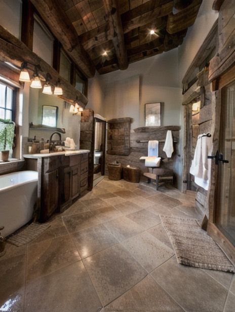 Western House Bathroom, Big Farmhouse Bathroom, Barndominium Ideas Interiors Bathroom, Aesthetic Barndominium, Western House Interior, Rustic Master Bath Ideas, House Ideas Country, Craftmans House, Barndominium Bathroom