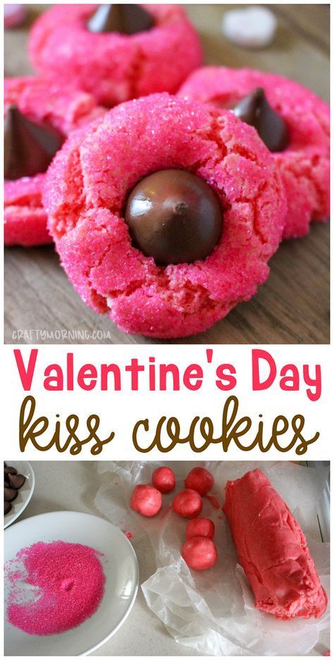 Valentines Party Food, Pink Kisses, Dessert Light, Valentines Recipes Desserts, Valentines Snacks, Sanding Sugar, Valentines Baking, Paleo Foods, Kiss Cookies