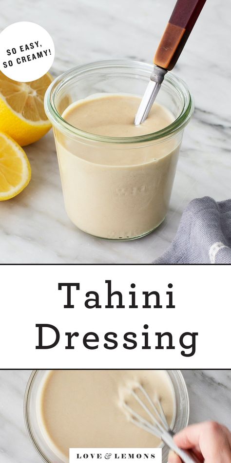 Keep this tahini dressing recipe on hand at all times! It's creamy, rich, nutty, and bright - perfect for tossing with salads and drizzling over roasted veggies, grain bowls, falafel, and more. | Love and Lemons #tahini #dressing #mealprep #healthyrecipes Sauce Photography, Vegan Tahini Dressing, Baguette Recipes, Miso Tahini, Running On Real Food, Tahini Salad Dressing, Sweet Potato Salad Recipe, Tahini Dressing Recipe, Roasted Cauliflower Salad