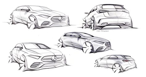 Mercedes-Benz New A Class Design Sketches Industrial Sketch, Sketch Cars, Car Render, Digital Sketching, Hand Sketches, Mercedes Sl, Line Sketch, Amg Gt, Car Design Sketch