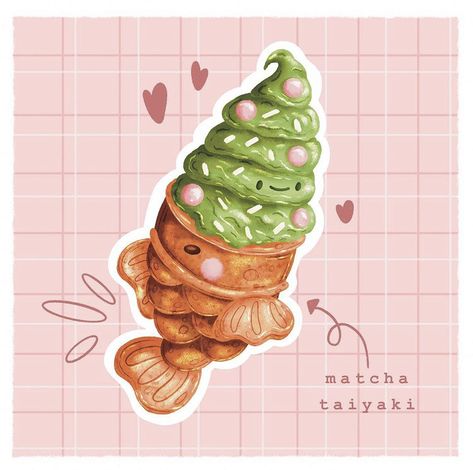 Matcha Taiyaki, Fish Ice Cream, Ice Cream Flavour, Food Lettering, Cute Food Wallpaper, Fish Sketch, Dessert Illustration, Cute Love Photos, Food Sketch