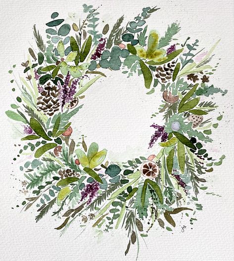 Green purple spring wreath watercolour art Spring Wreath Watercolor, Watercolour Wreath Christmas, Acrylic Wreath Painting, Watercolour Wreath, Foliage Watercolor, Herb Wreath, Painted Christmas Cards, Watercolour Christmas, Watercolour Cards