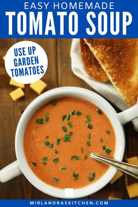 A nice fresh bowl of tomato soup so comforting and tasty! This is a very easy soup to make from scratch - you never need to open a can of condensed soup again! It is ready in less than 30 minutes and tastes amazing. Use fresh tomatoes or canned or even frozen! This soup can be eaten hot or frozen for an easy meal later. Serve it up with grilled cheese for a comforting meal we all love! #homemade #gardening #fromscratch #easy #soup Frozen Tomatoes, Easy Homemade Tomato Soup, Easy Soups To Make, Homemade Tomato Soup, Cream Of Tomato, Cream Of Tomato Soup, Tomato Soup Homemade, Super Salads, Make From Scratch