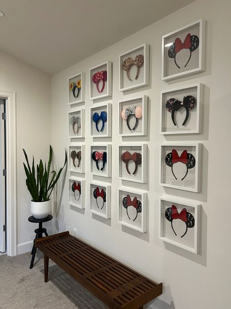 Shadow Box For Mickey Ears, Disney Themed Home Library, Disney Inspired Bedroom Ideas, Disney Wall Home, Disney Decorated Home, Bathroom Disney Theme, Disney Ears Collection, Subtle Disney Bedroom Ideas, Hanging Disney Ears On Wall