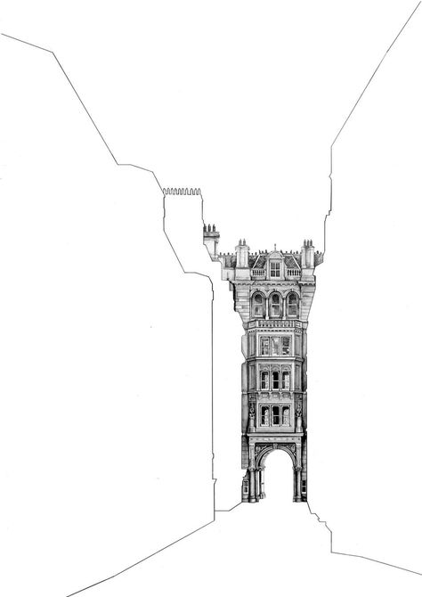 Architectural Drawings Behind Empty Building Silhouettes Minty Sainsbury, Culture Artwork, Building Silhouette, Lattice Structure, Building Drawing, Architectural Prints, Architectural Drawing, Perspective Drawing, Gcse Art