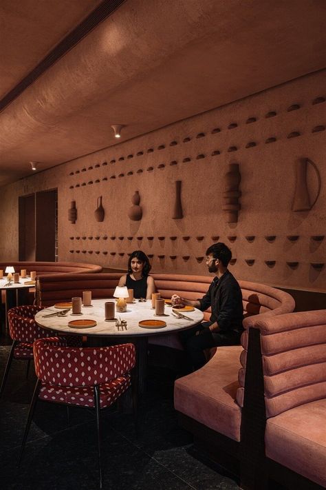 tactile earthen surfaces capture essence of jaipur at idyll restaurant in bengaluru Modern Restaurant Bar Design, India Restaurant Interior, Indian Restaurant Design, Rustic Restaurant Design, Rajasthani Restaurant Interior Design, Indian Restaurant Interior Design, Tamil Restaurant Interior, Rajasthan Restaurant Interior, Indian Bar