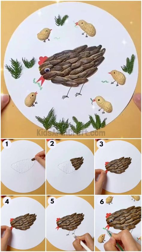 Sunflower Seeds And Peanut Shells Hen & Chicks Craft Tutorial - Kids Art & Craft Sunflower Seed Craft, Seed Art Ideas, Seed Art For Kids, Seed Crafts For Kids, Seed Craft, Seed Art, Chicken Crafts, Waldorf Crafts, Orange Paper