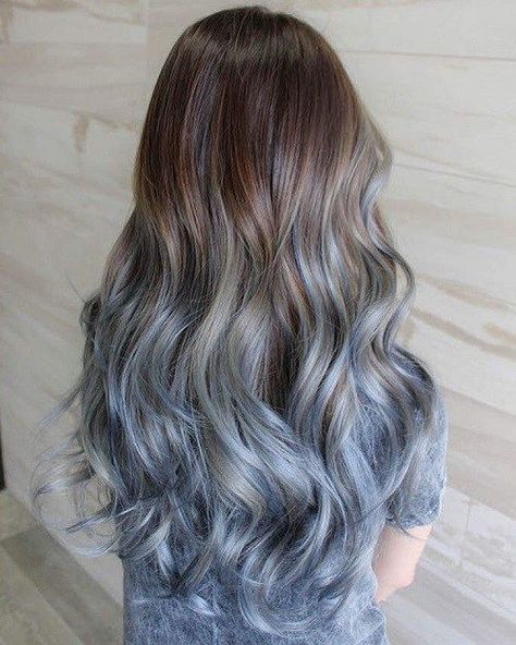 Brown To Pastel Blue Ombre hair                                                                                                                                                                                 More Fashion Color Balayage, Black To Grey Ombre Hair, Grey Hair Extensions, Grey Ombre Hair, Peekaboo Highlights, Blue Ombre Hair, Brown Ombre Hair, Ombre Hair Extensions, Nice Hair