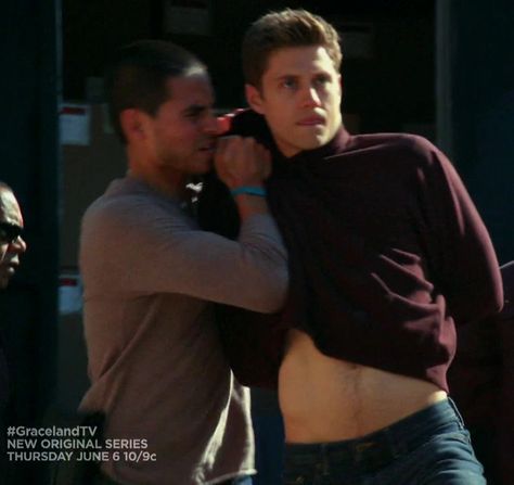 Manny Montana and Aaron Tveit - Graceland (Pilot) Mike Warren, Good Girl Bad Boy, Manny Montana, Film Song, Aaron Tveit, Celeb Crushes, Lion Tattoo, Les Miserables, Graceland