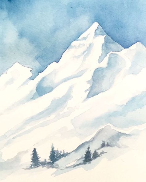 Snowy Landscape Drawing, How To Paint Snowy Mountains, Snowy Mountains Watercolor, Snowy Watercolor Landscape, Snowy Landscape Watercolor, Snowy Landscape Art, Watercolour Mountains Landscapes, Snowy Mountain Drawing, Snowy Landscape Painting