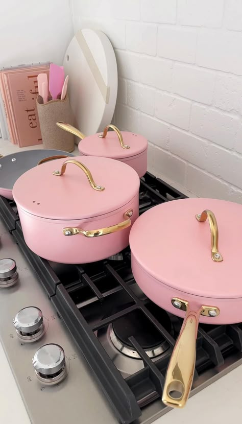 Check out this photo from sugarcolorhouse Pink Cookware, Pink Kitchen Utensils, Pink Kitchen Appliances, Pink Utensils, Retro Pink Kitchens, Pink Apartment, Pink Kitchen Decor, House Essentials, Dream Apartment Decor