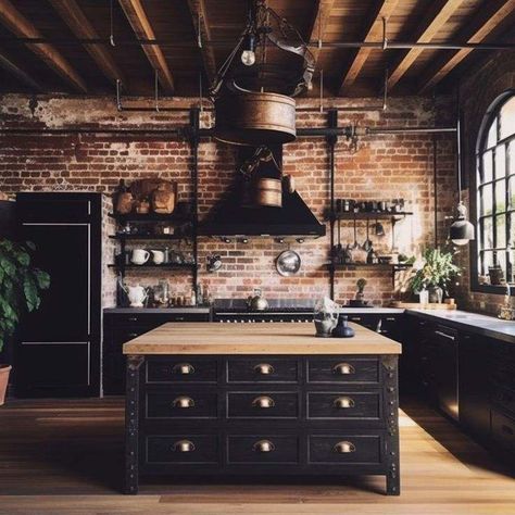 Brick Aesthetic, Bathroom Tile Design Ideas, Goth Kitchen, Custom Kitchen Remodel, Tile Design Ideas, Industrial Kitchen Design, Barn Kitchen, Loft Kitchen, Industrial Style Kitchen