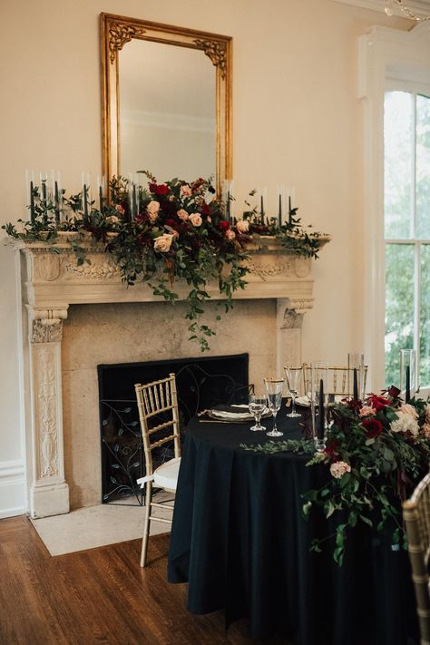 Dark Green Maroon Wedding, Burgundy Green Black Wedding, Dark Red And Green Wedding Theme, Deep Red And Dark Green Wedding, Dark Red Moody Wedding, Green And Maroon Wedding, Burgandy Black Greenery Wedding, Black And Maroon Wedding, Sweetheart Table Wedding Dark And Moody