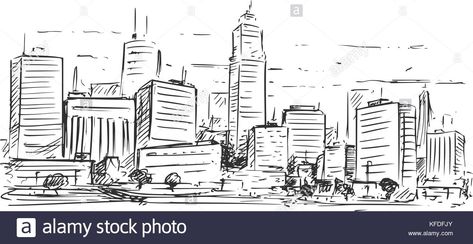 Vector cartoon sketchy drawing of city high rise cityscape landscape with skyscraper buildings. - Stock Image Drawing Of City, Silhouette Architecture, Skyline Drawing, Cityscape Landscape, City Sketch, City Vector, Scenery Background, City Background, City Drawing