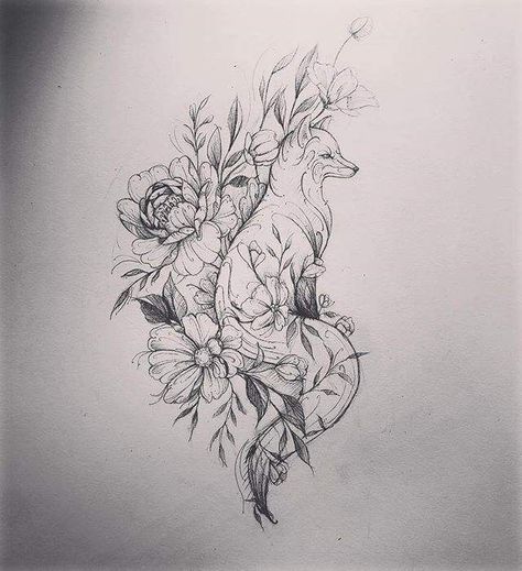 Flower Animal Tattoo, Fox Tattoo Sketch, Small Fox Tattoo, Fox Tattoo Design, Floral Thigh Tattoos, Crazy Tattoos, Animal Tattoo Ideas, Tattoos For Women Half Sleeve, Back Of Shoulder Tattoo