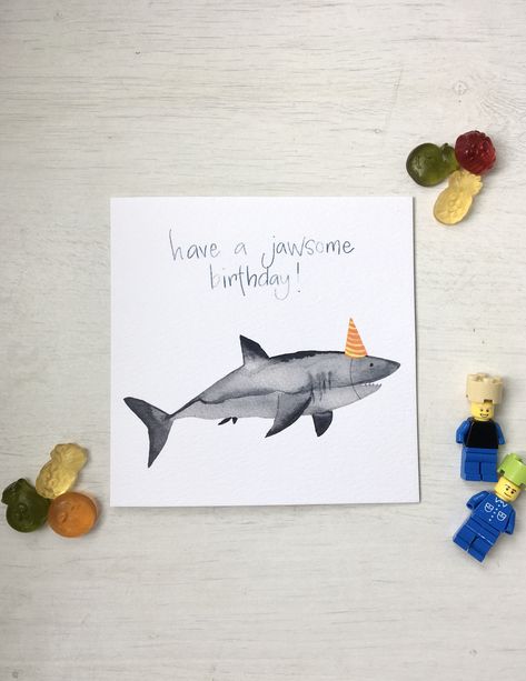 Shark with party hat birthday card - have a jawsome birthday kids funny pun birthday card Jawsome Birthday, Pun Birthday Cards, Shark Birthday Card, Under The Sea Themed Party, Kid Puns, Colourful Party, Hat Birthday, Funny Shark, Funny Pun