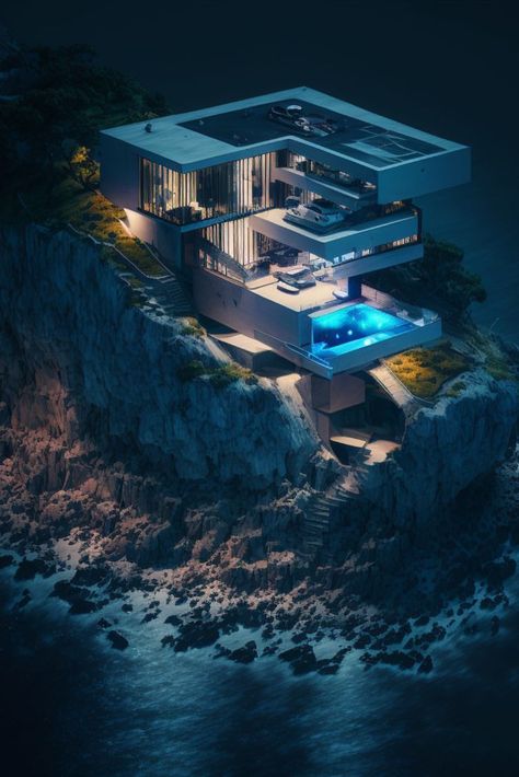 Architecturally designed modern futuristic house situated on a cliff above the ocean at night Futuristic House Architecture, Modern Futuristic House, The Ocean At Night, Architecture Photography Buildings, 3d Building Design, Futuristic House, Modern Futuristic, Ocean At Night, Futuristic Home