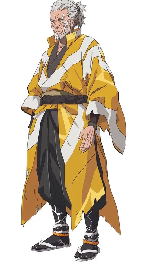 The image shows an old man with a long white beard and yellow hair tied in a ponytail. He is wearing a yellow kimono with a white sash and black hakama pants ->> more details in ai-img-gen.com Kimono Men Drawing, Old Japanese Man Character Design, Drawing Kimono Male, Anime Old Man, Old Man Character Design, Male Kimono Traditional, White Kimono Male, Magic Anime, Yellow Kimono