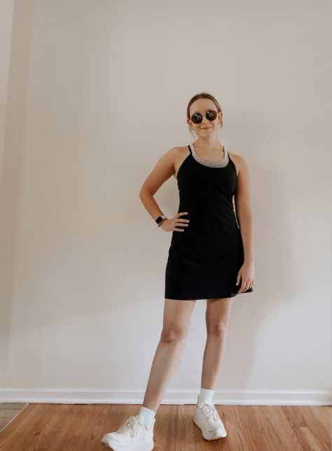 Black Workout Dress Outfit, White Hoka Outfit, Sporty Black Summer Dress, Outfits With Hoka Shoes, White Athleisure Summer Dress, Summer Sleeveless Athleisure Mini Dress, White Hokas Outfit, Workout Dress Outfit, Exercise Dress Outfit