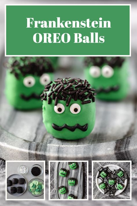 Green Frankenstein OREO balls made with only 4 ingredients. Add this easy recipe to your Halloween party dessert bar or enjoy while watching Halloween movies with the family. Cake Balls Recipe Halloween, Spooky Oreo Balls, Halloween Oreo Truffles, Oreo Balls Halloween, Green Snacks For Color Party, Frankenstein Food, Halloween Birthday Food, Halloween Oreo Balls, Halloween Cake Balls