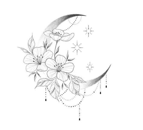 Feminine Moon Tattoo Designs, Moon And The Stars Tattoo, Tattoo Moon And Flowers, Angel Moon Tattoo, Witchy Moon Tattoo, Floral Moon Tattoo, Unique Moon Tattoo, Birth Tattoo, Side Thigh Tattoos