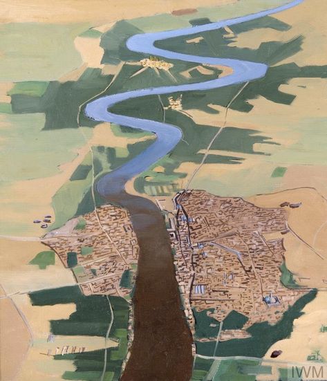 image: An aerial view of Baghdad from an aircraft. The city lies on either side of the wide and meandering Tigris river, which has dark green fields at its banks. The surrounding land appears more arid. Tigris River, Ww1 Art, Map Making, Art Pinterest, Parking Design, Art Uk, Baghdad, Historical Maps, British Artist