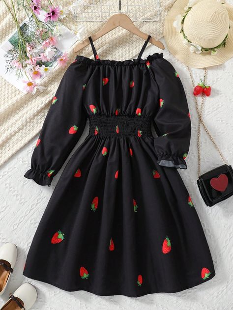 Black Cute Collar Long Sleeve Woven Fabric Fruit&Vegetable A Line Embellished Non-Stretch  Tween Girls Clothing Fruit Clothes, Shein Kids, Cute Dress Outfits, Flare Sleeve Dress, Quick Outfits, Kids Fashion Clothes, Strawberry Print, Fashionista Clothes