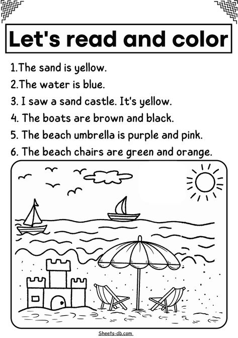 Read and color, sheets-db.com _3 Colouring Worksheets For Grade 1, Read And Color Worksheets 1st Grade, Grade R Worksheets Free Printable, Colouring Worksheets For Kindergarten, Colours Worksheet For Kids, Colouring Worksheet, Read And Color, Reading Comprehension For Kids, Preschool Workbooks